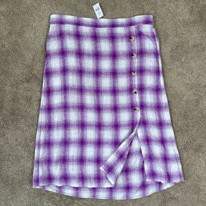 Loft Skirt Womens L Purple Plaid Side Buttoned Linen Midi Skirt Lightweight NWT